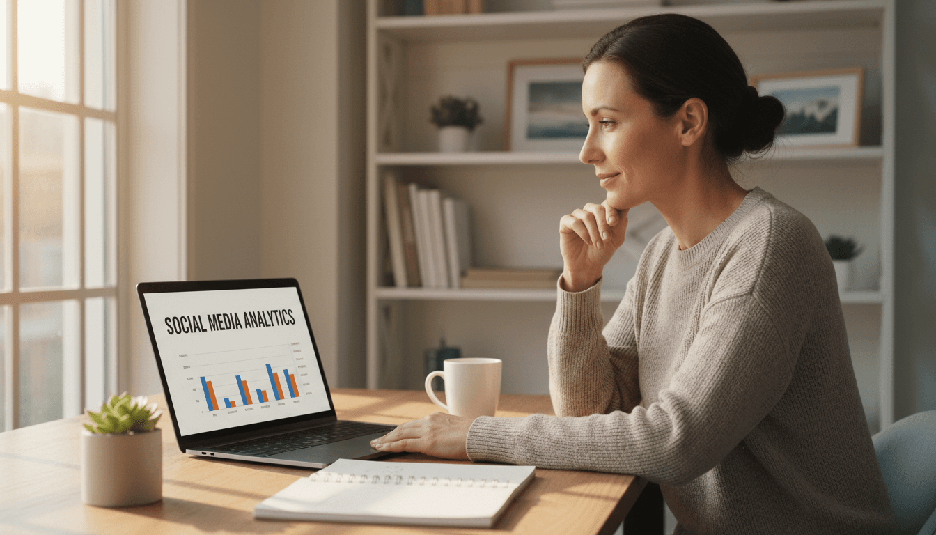 Small business owner reviewing social media strategy on laptop