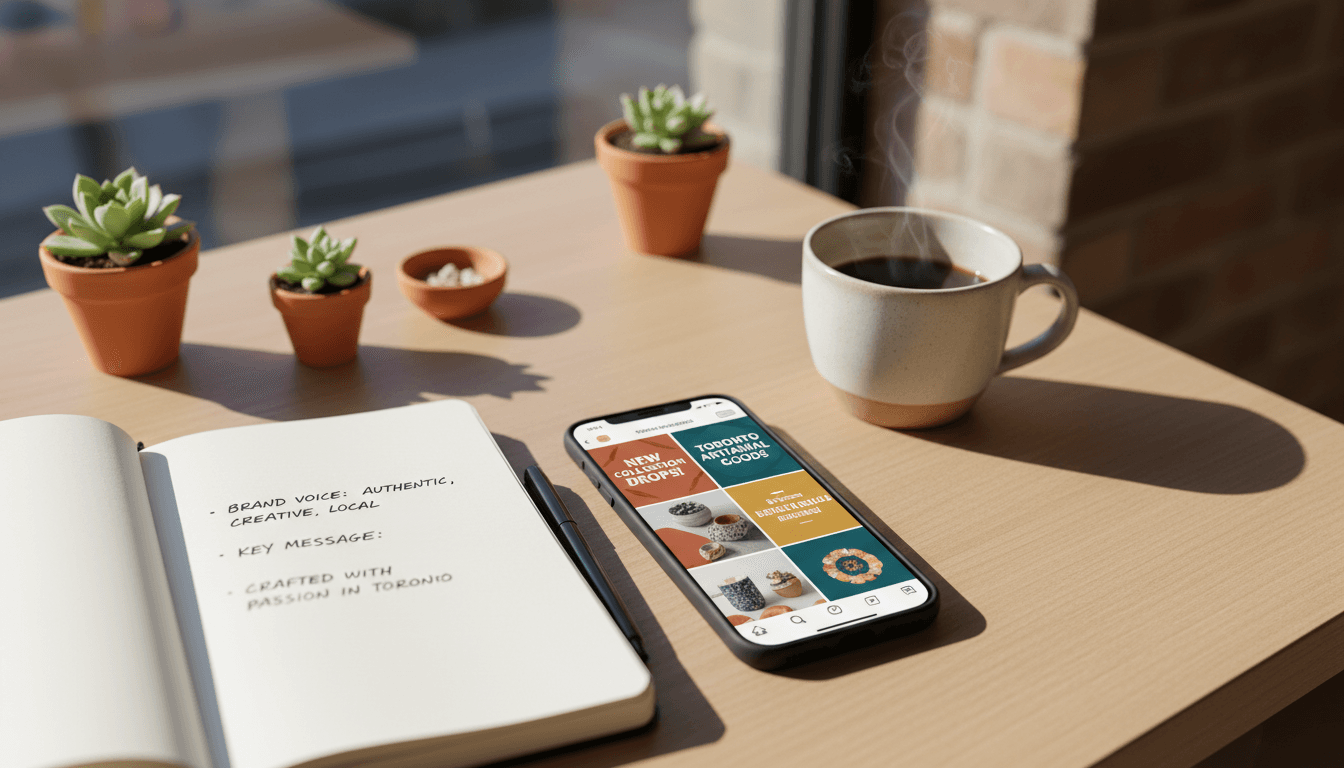 Business owner's desk with smartphone displaying professional social media content and brand planning materials