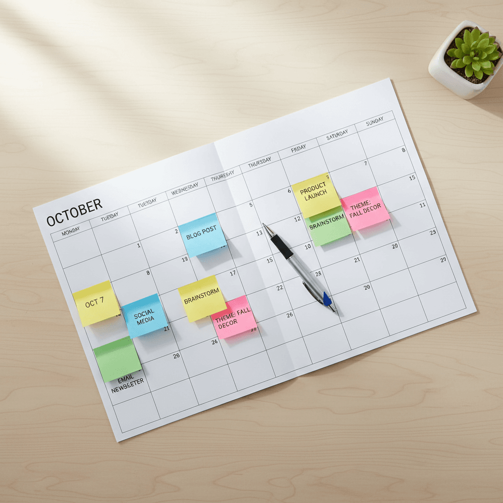 Organized content calendar with color-coded planning system