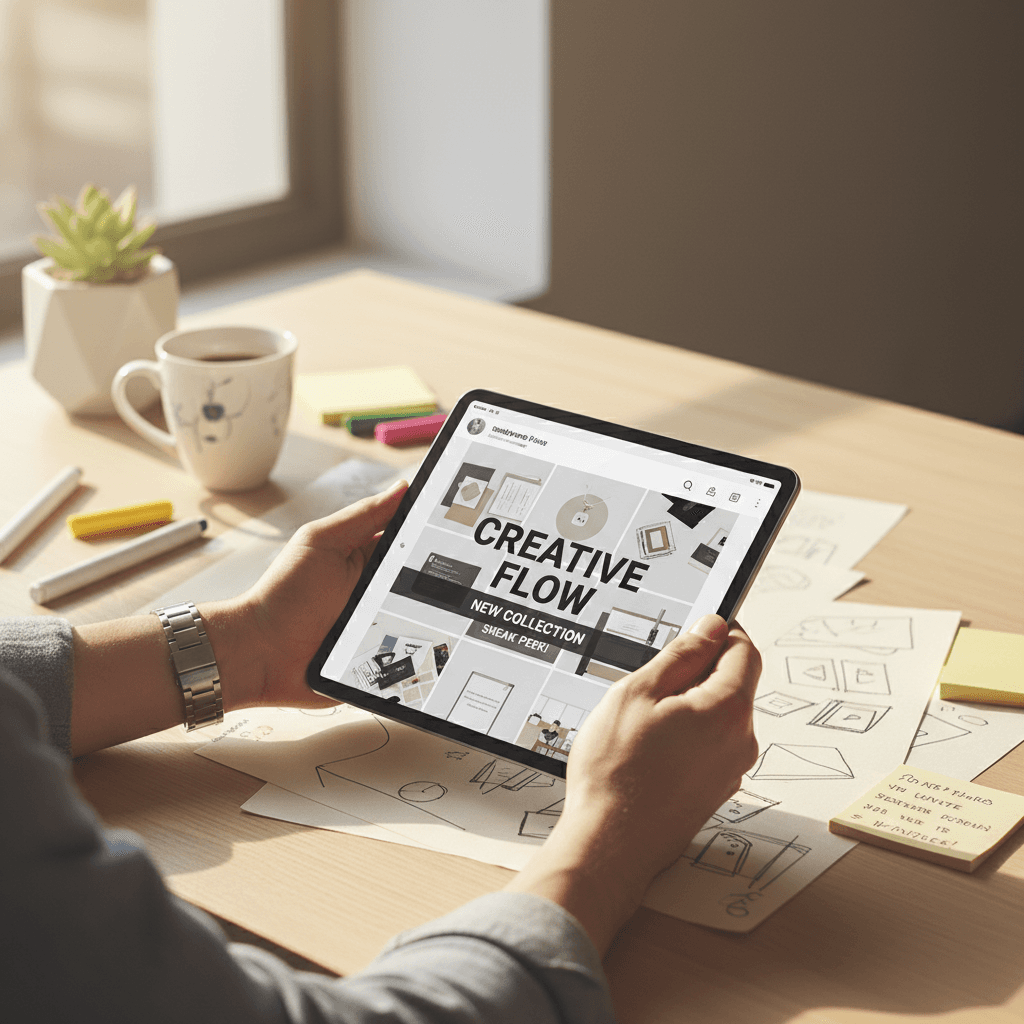 Designer creating social media posts on tablet