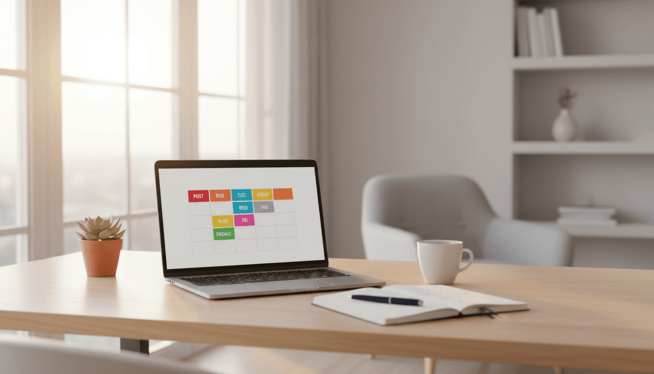 Organized workspace with laptop showing a content calendar and planning materials