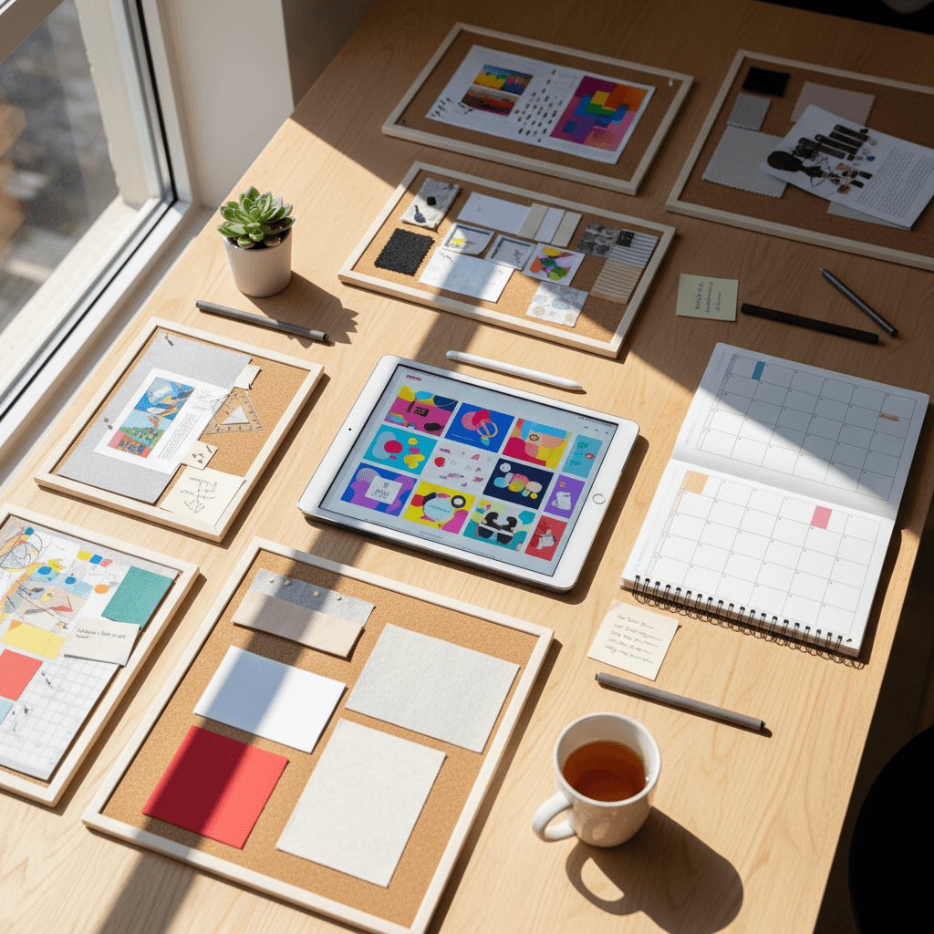 Designer creating custom social media posts on tablet at workspace